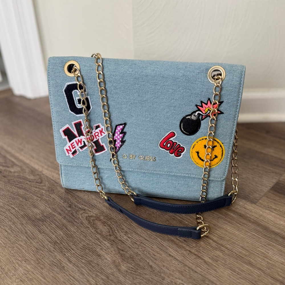 Guess Light Blue Denim Patch Crossbody with Gold Chain